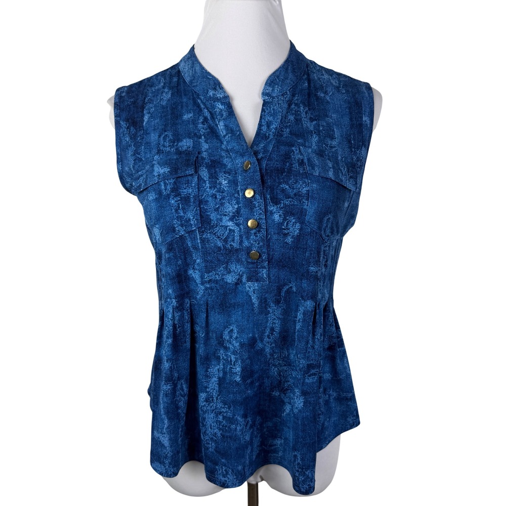 New Directions Petite Blue Abstract Sleeveless Button‎ Blouse Women's PM